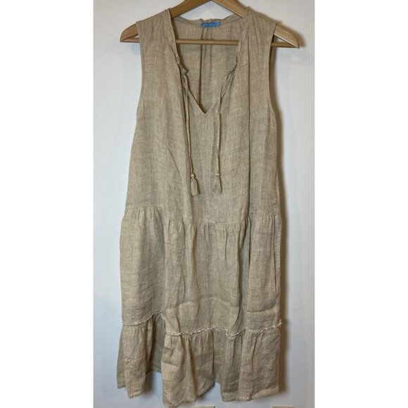 J.McLaughlin Dress Tiered Sleeveless 100% Linen Pockets Tan Khaki Size Medium M - Picture 1 of 5